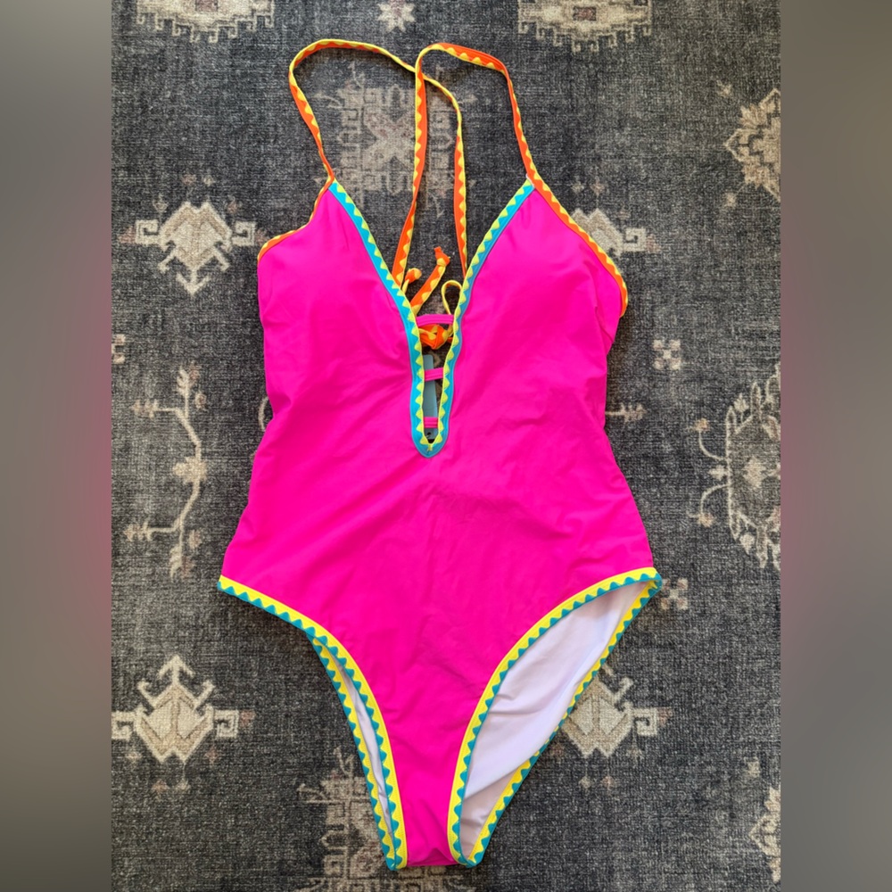 Bright Pink Swimsuit with Multicolor Trim